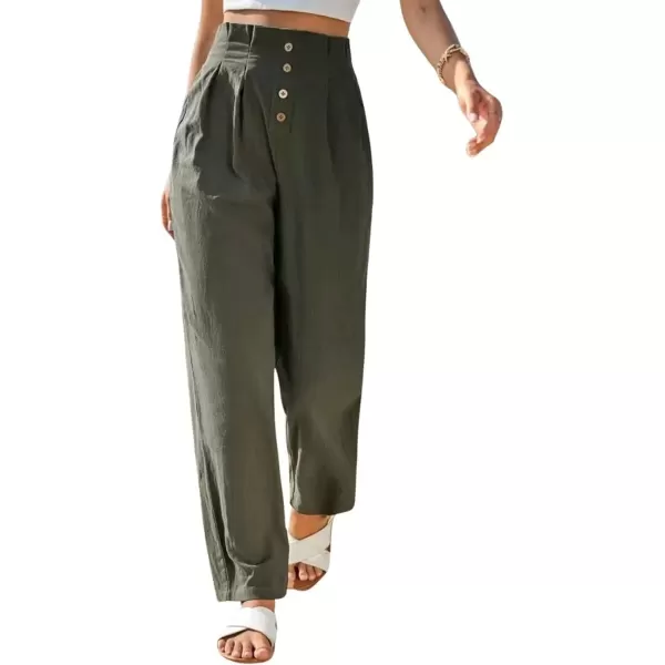 imagechouyatou Womens Elastic High Waisted Cotton Linen Pant Beach Palazzo Casual Cropped TrousersArmy Green