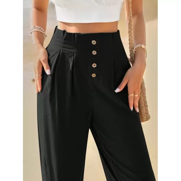 imagechouyatou Womens Elastic High Waisted Cotton Linen Pant Beach Palazzo Casual Cropped TrousersBlack