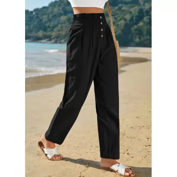 imagechouyatou Womens Elastic High Waisted Cotton Linen Pant Beach Palazzo Casual Cropped TrousersBlack