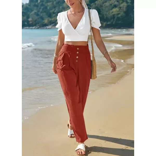 imagechouyatou Womens Elastic High Waisted Cotton Linen Pant Beach Palazzo Casual Cropped TrousersBrick Red