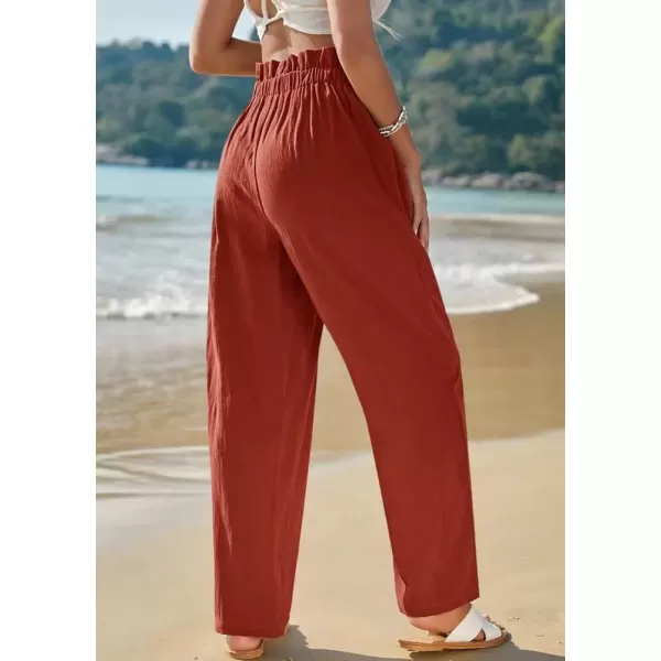 imagechouyatou Womens Elastic High Waisted Cotton Linen Pant Beach Palazzo Casual Cropped TrousersBrick Red