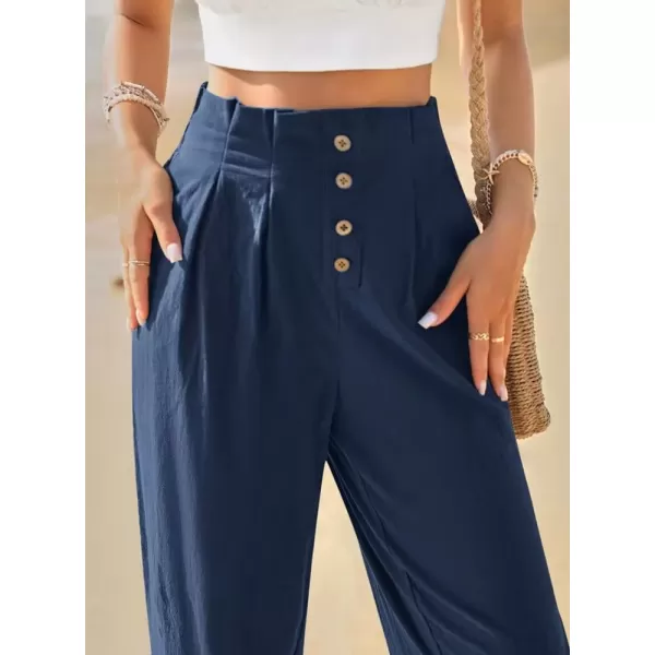 imagechouyatou Womens Elastic High Waisted Cotton Linen Pant Beach Palazzo Casual Cropped TrousersNavy Blue
