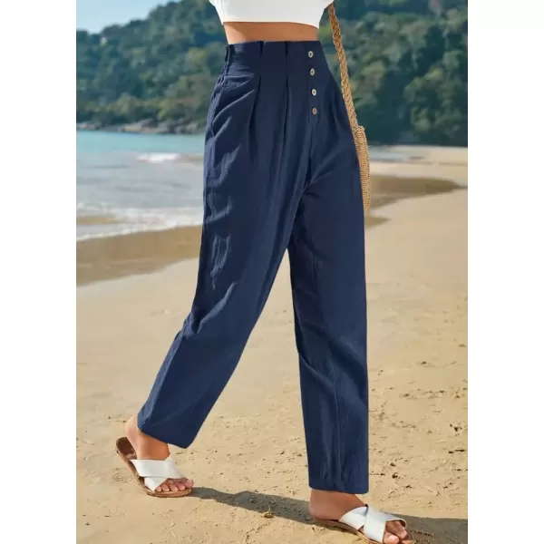 imagechouyatou Womens Elastic High Waisted Cotton Linen Pant Beach Palazzo Casual Cropped TrousersNavy Blue