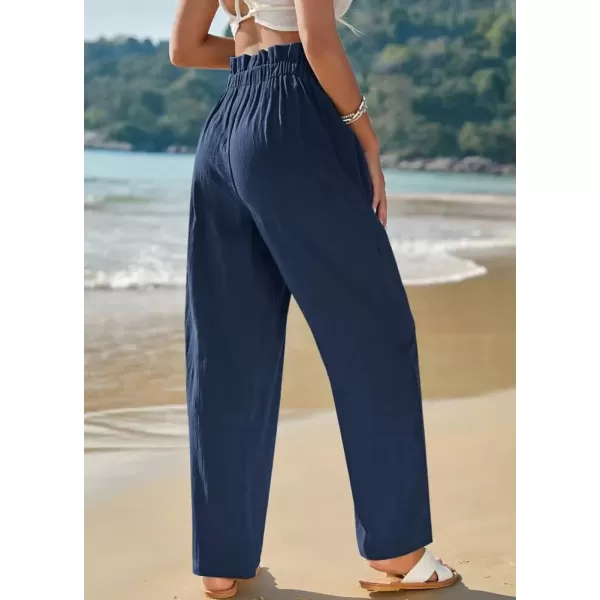 imagechouyatou Womens Elastic High Waisted Cotton Linen Pant Beach Palazzo Casual Cropped TrousersNavy Blue