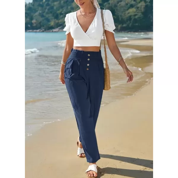 imagechouyatou Womens Elastic High Waisted Cotton Linen Pant Beach Palazzo Casual Cropped TrousersNavy Blue
