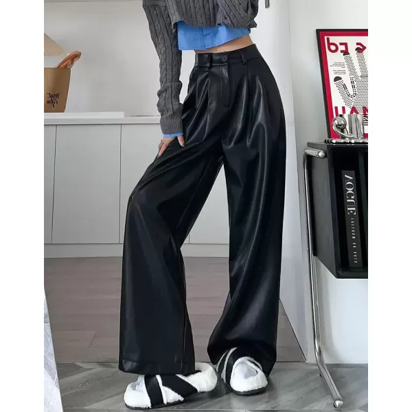 imagechouyatou Womens Elastic High Waisted Wide Leg Business Casual Pu Faux Leather Palazzo PantsBlack