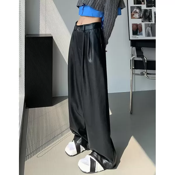 imagechouyatou Womens Elastic High Waisted Wide Leg Business Casual Pu Faux Leather Palazzo PantsBlack