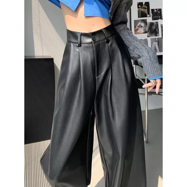 imagechouyatou Womens Elastic High Waisted Wide Leg Business Casual Pu Faux Leather Palazzo PantsBlack