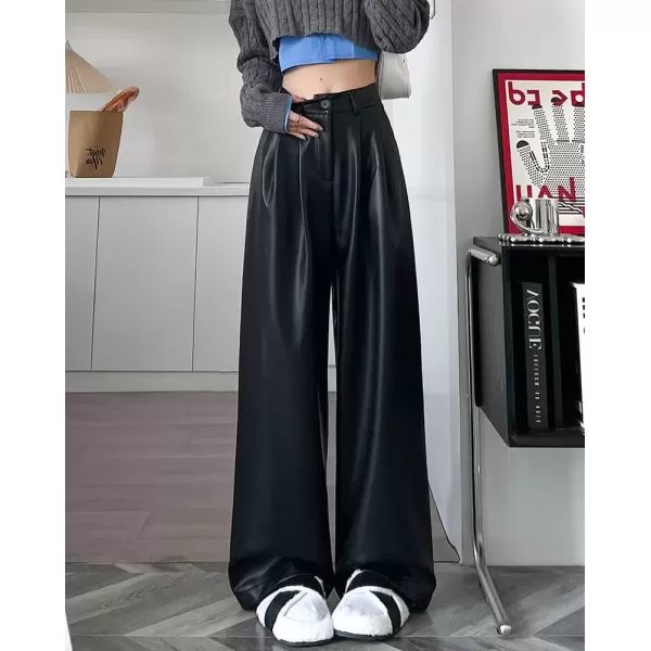 imagechouyatou Womens Elastic High Waisted Wide Leg Business Casual Pu Faux Leather Palazzo PantsBlack