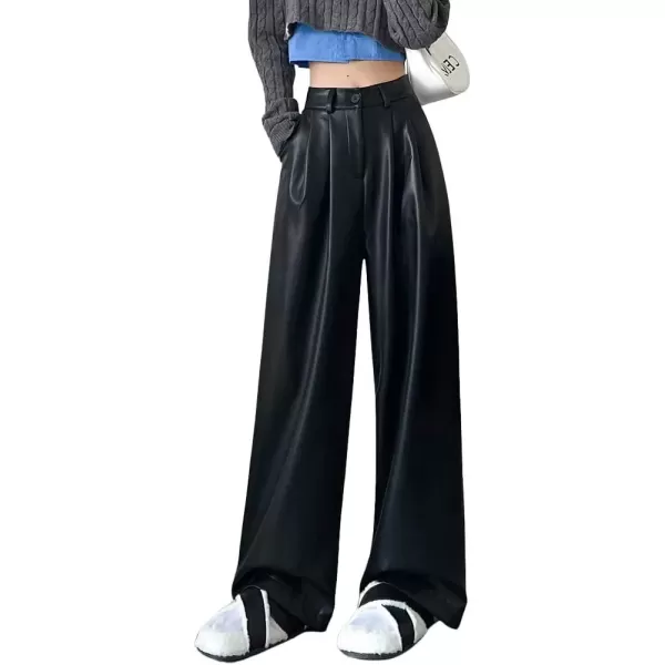 imagechouyatou Womens Elastic High Waisted Wide Leg Business Casual Pu Faux Leather Palazzo PantsBlack