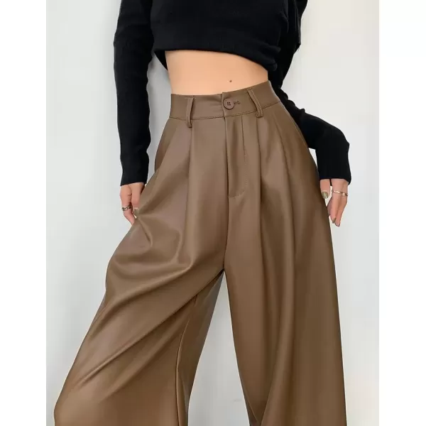 imagechouyatou Womens Elastic High Waisted Wide Leg Business Casual Pu Faux Leather Palazzo PantsBrown