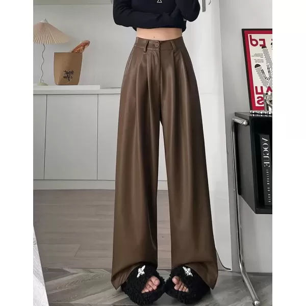 imagechouyatou Womens Elastic High Waisted Wide Leg Business Casual Pu Faux Leather Palazzo PantsBrown