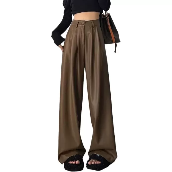 imagechouyatou Womens Elastic High Waisted Wide Leg Business Casual Pu Faux Leather Palazzo PantsBrown