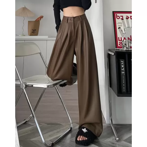 imagechouyatou Womens Elastic High Waisted Wide Leg Business Casual Pu Faux Leather Palazzo PantsBrown