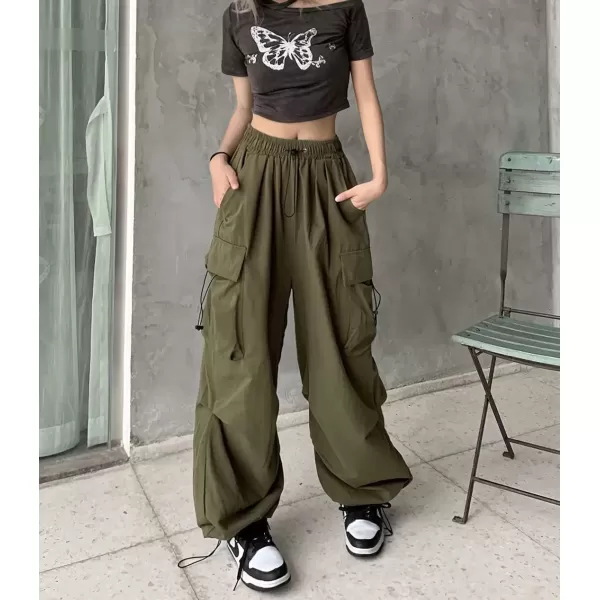 imagechouyatou Womens Elastic Waist Baggy Cargo Pants Y2K Boyfriend High Waisted Parachute PantsArmy Green