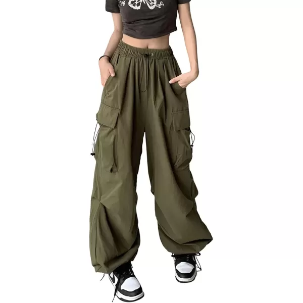 imagechouyatou Womens Elastic Waist Baggy Cargo Pants Y2K Boyfriend High Waisted Parachute PantsArmy Green