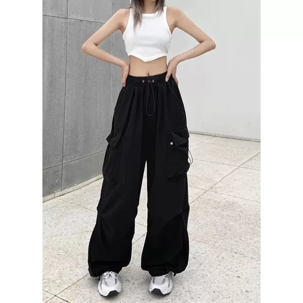 imagechouyatou Womens Elastic Waist Baggy Cargo Pants Y2K Boyfriend High Waisted Parachute PantsBlack