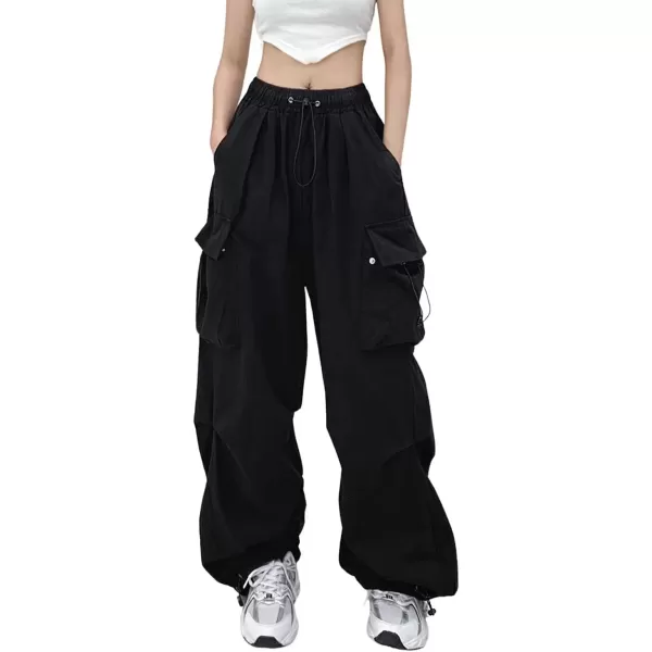 imagechouyatou Womens Elastic Waist Baggy Cargo Pants Y2K Boyfriend High Waisted Parachute PantsBlack