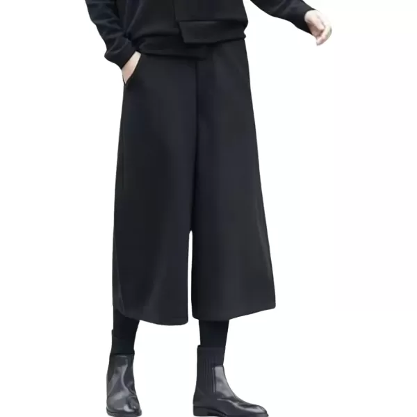 imagechouyatou Womens Fall Wool Blend Culottes Capri Cropped Pants Elastic High Waist Wide Leg Palazzo TrouserBlack