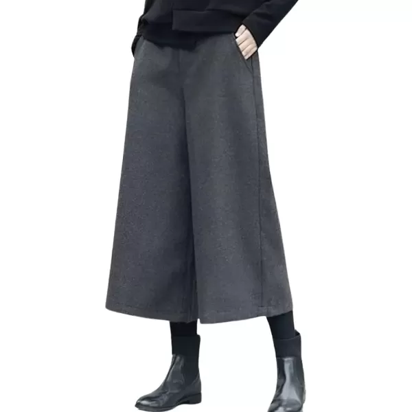 imagechouyatou Womens Fall Wool Blend Culottes Capri Cropped Pants Elastic High Waist Wide Leg Palazzo TrouserGrey