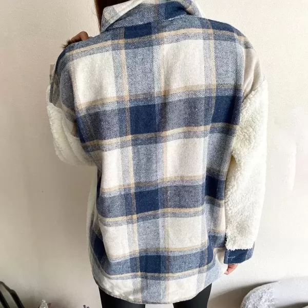 imagechouyatou Womens Fuzzy Sherpa Fleece Spliced Leopard Print Plaid Shirt Jacket Shacket CoatBlue