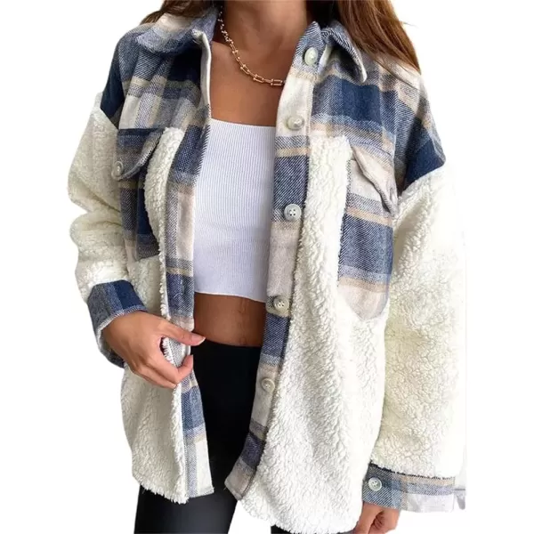 imagechouyatou Womens Fuzzy Sherpa Fleece Spliced Leopard Print Plaid Shirt Jacket Shacket CoatBlue