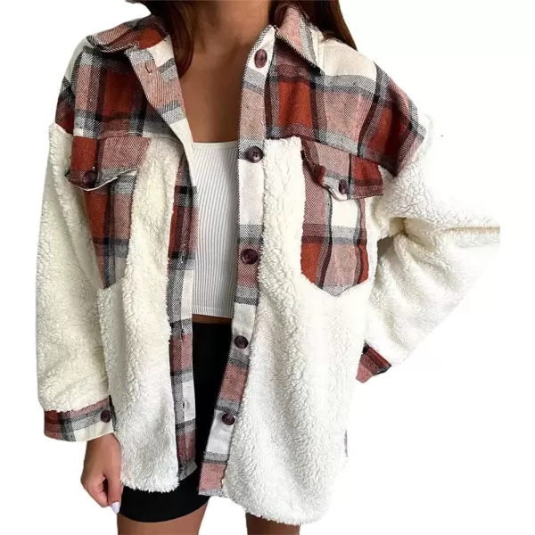 imagechouyatou Womens Fuzzy Sherpa Fleece Spliced Leopard Print Plaid Shirt Jacket Shacket CoatBrown