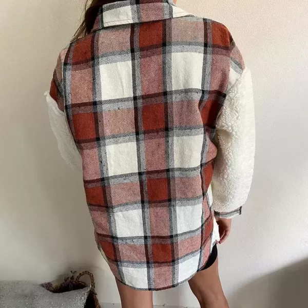 imagechouyatou Womens Fuzzy Sherpa Fleece Spliced Leopard Print Plaid Shirt Jacket Shacket CoatBrown