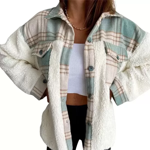imagechouyatou Womens Fuzzy Sherpa Fleece Spliced Leopard Print Plaid Shirt Jacket Shacket CoatGreen