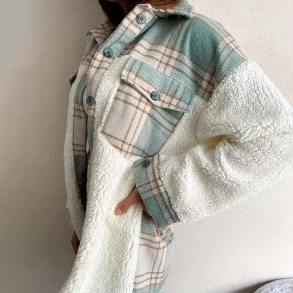 imagechouyatou Womens Fuzzy Sherpa Fleece Spliced Leopard Print Plaid Shirt Jacket Shacket CoatGreen