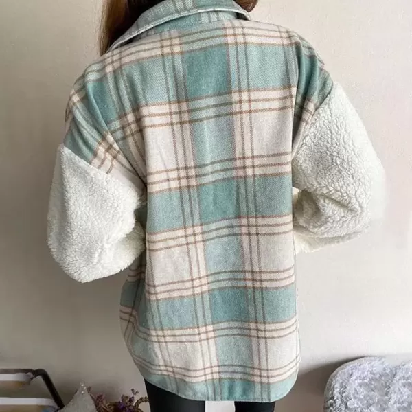 imagechouyatou Womens Fuzzy Sherpa Fleece Spliced Leopard Print Plaid Shirt Jacket Shacket CoatGreen