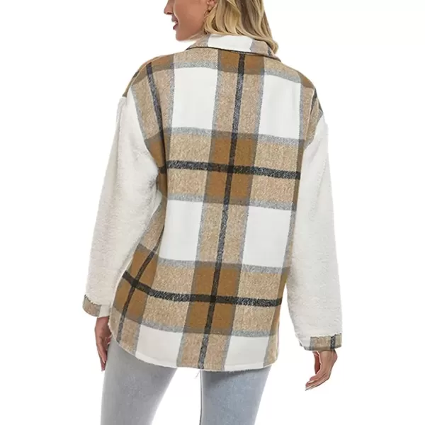 imagechouyatou Womens Fuzzy Sherpa Fleece Spliced Leopard Print Plaid Shirt Jacket Shacket CoatKhaki