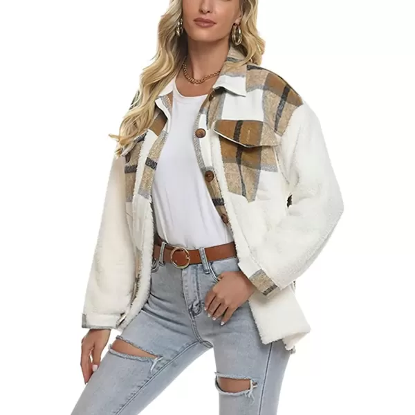 imagechouyatou Womens Fuzzy Sherpa Fleece Spliced Leopard Print Plaid Shirt Jacket Shacket CoatKhaki