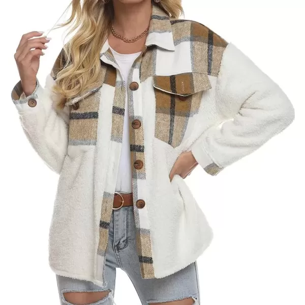 imagechouyatou Womens Fuzzy Sherpa Fleece Spliced Leopard Print Plaid Shirt Jacket Shacket CoatKhaki