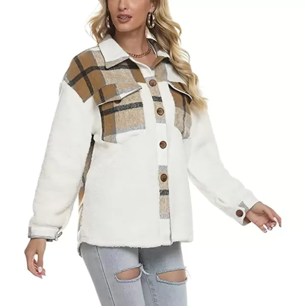 imagechouyatou Womens Fuzzy Sherpa Fleece Spliced Leopard Print Plaid Shirt Jacket Shacket CoatKhaki