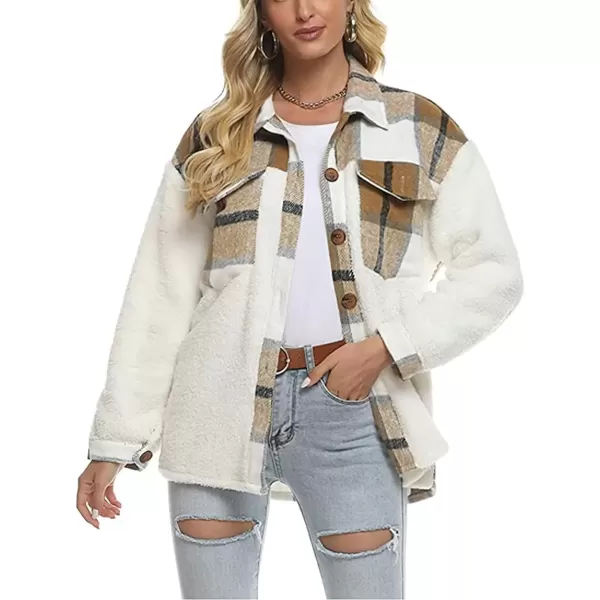 imagechouyatou Womens Fuzzy Sherpa Fleece Spliced Leopard Print Plaid Shirt Jacket Shacket CoatKhaki