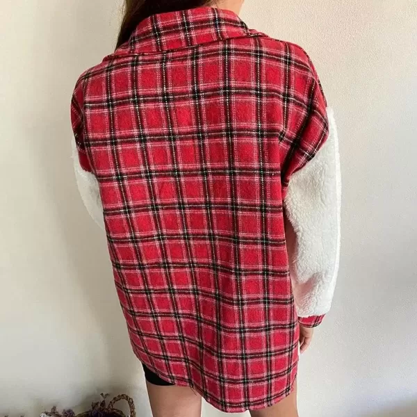 imagechouyatou Womens Fuzzy Sherpa Fleece Spliced Leopard Print Plaid Shirt Jacket Shacket CoatRed