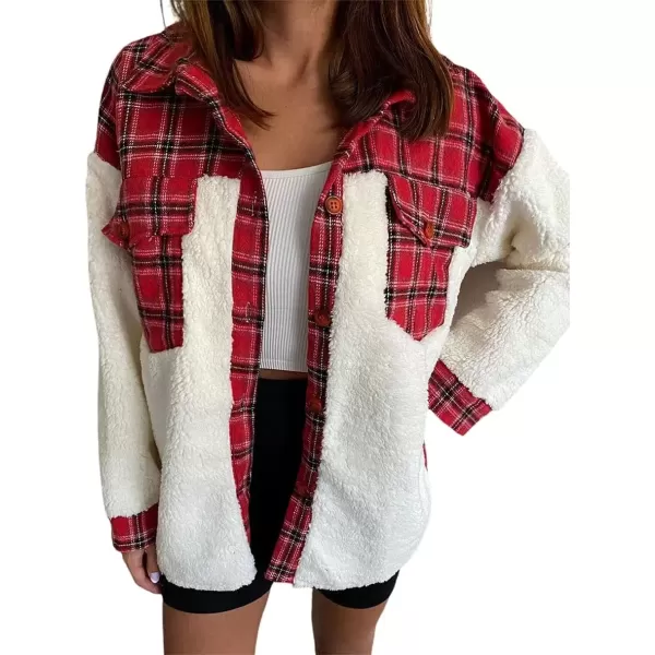 imagechouyatou Womens Fuzzy Sherpa Fleece Spliced Leopard Print Plaid Shirt Jacket Shacket CoatRed