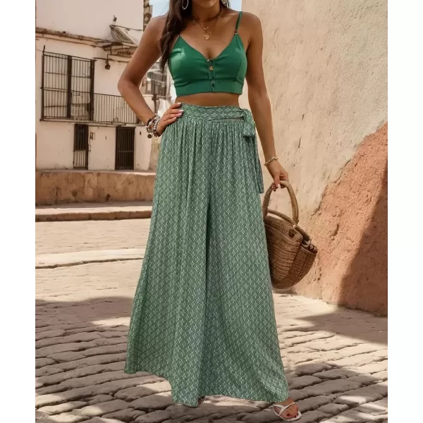 imagechouyatou Womens High Waisted Wide Leg Boho Beach Palazzo Pants Floral Print Tie Knot Waist Flowy Colutte PantsGreen