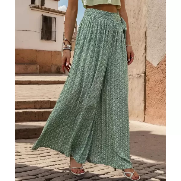 imagechouyatou Womens High Waisted Wide Leg Boho Beach Palazzo Pants Floral Print Tie Knot Waist Flowy Colutte PantsGreen