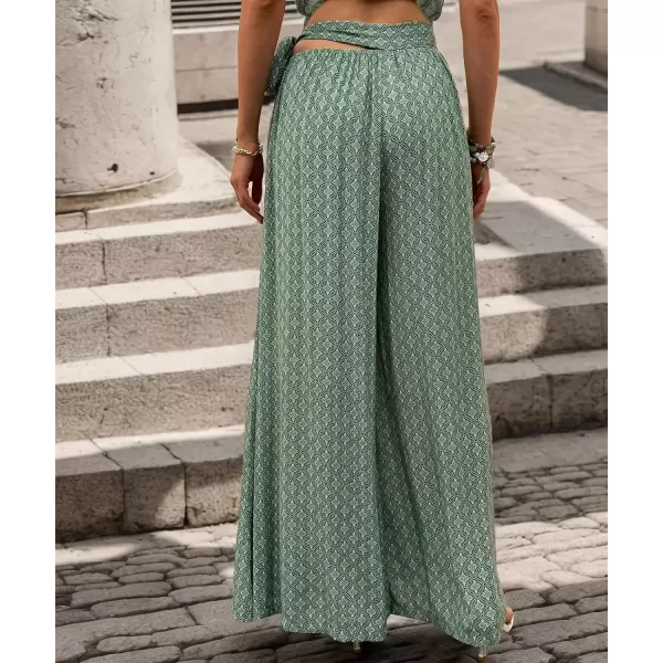 imagechouyatou Womens High Waisted Wide Leg Boho Beach Palazzo Pants Floral Print Tie Knot Waist Flowy Colutte PantsGreen