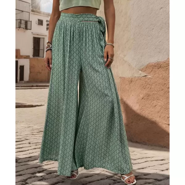 imagechouyatou Womens High Waisted Wide Leg Boho Beach Palazzo Pants Floral Print Tie Knot Waist Flowy Colutte PantsGreen