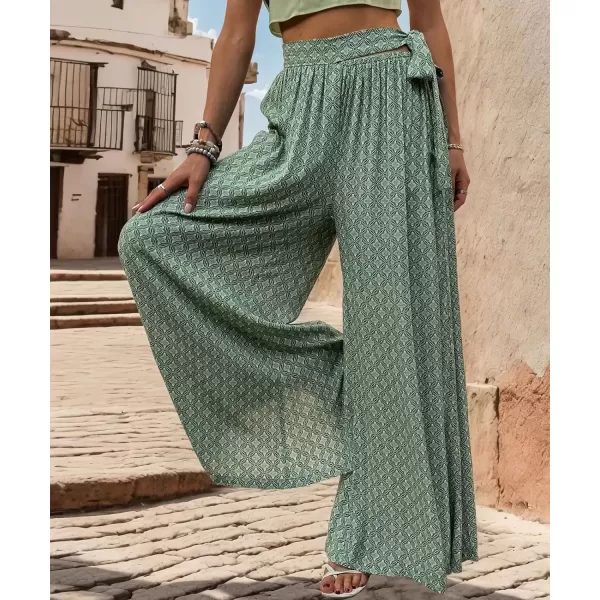imagechouyatou Womens High Waisted Wide Leg Boho Beach Palazzo Pants Floral Print Tie Knot Waist Flowy Colutte PantsGreen