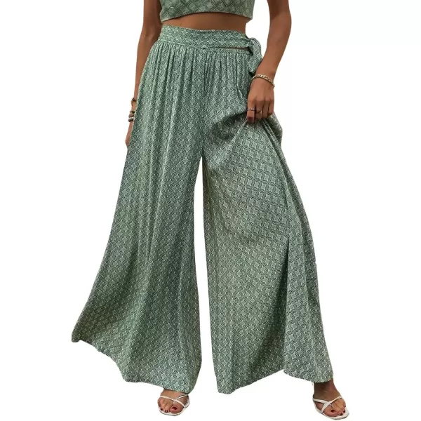 imagechouyatou Womens High Waisted Wide Leg Boho Beach Palazzo Pants Floral Print Tie Knot Waist Flowy Colutte PantsGreen