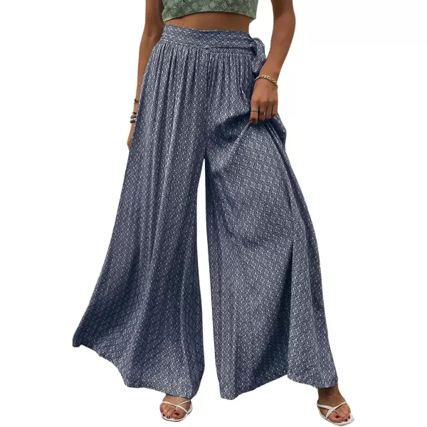 imagechouyatou Womens High Waisted Wide Leg Boho Beach Palazzo Pants Floral Print Tie Knot Waist Flowy Colutte PantsNavy Blue
