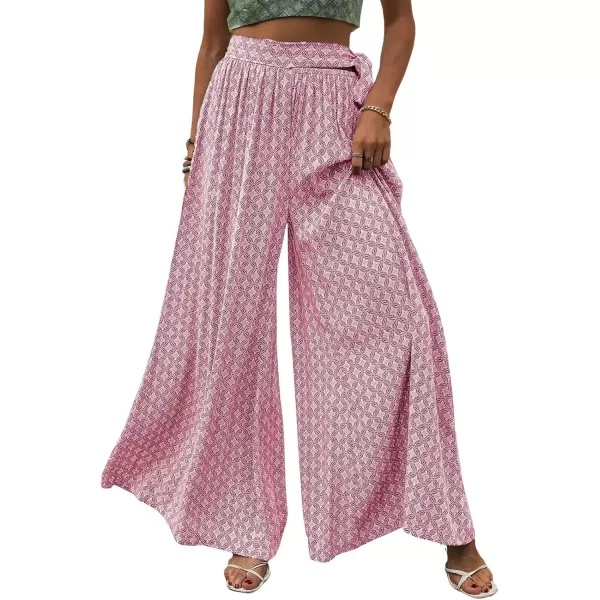 imagechouyatou Womens High Waisted Wide Leg Boho Beach Palazzo Pants Floral Print Tie Knot Waist Flowy Colutte PantsPink