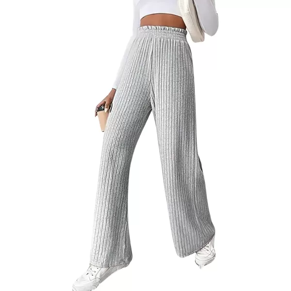 imagechouyatou Womens Ribbed Knit Wide Leg Pants High Wasit Flowy Palazzo Sweater Pants Lounge TrousersLight Grey