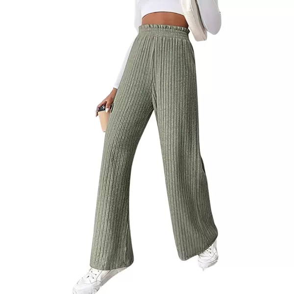 imagechouyatou Womens Ribbed Knit Wide Leg Pants High Wasit Flowy Palazzo Sweater Pants Lounge TrousersYellowish Green