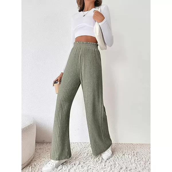 imagechouyatou Womens Ribbed Knit Wide Leg Pants High Wasit Flowy Palazzo Sweater Pants Lounge TrousersYellowish Green