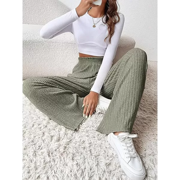 imagechouyatou Womens Ribbed Knit Wide Leg Pants High Wasit Flowy Palazzo Sweater Pants Lounge TrousersYellowish Green